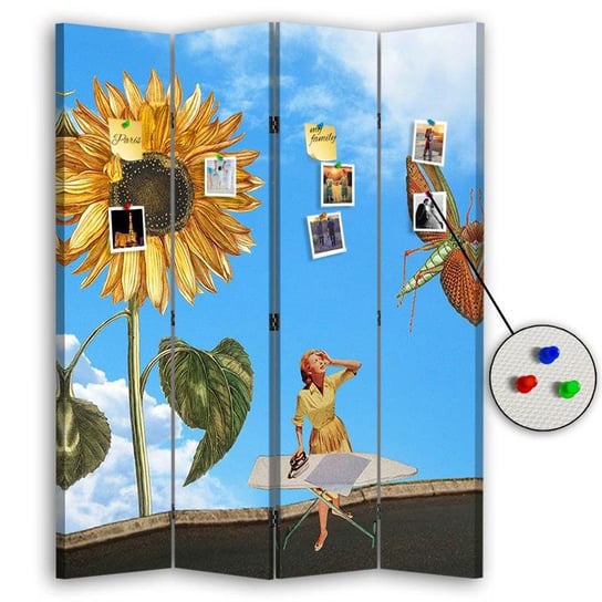 Parawan pokojowy FEEBY, Pasikonik surrealizm kobieta i słonecznik, Dwustronny PIN 145x170cm 4-częściowy Feeby