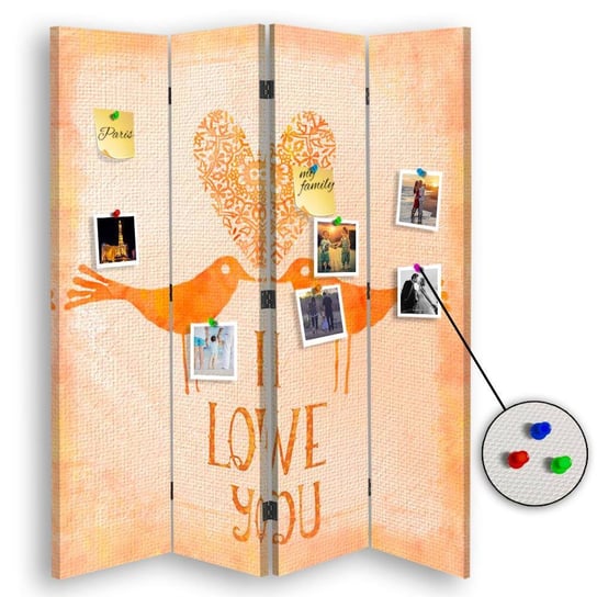 Parawan pokojowy FEEBY, Pomarańczowe ”I Love You”, Dwustronny PIN 145x170cm 4-częściowy Feeby
