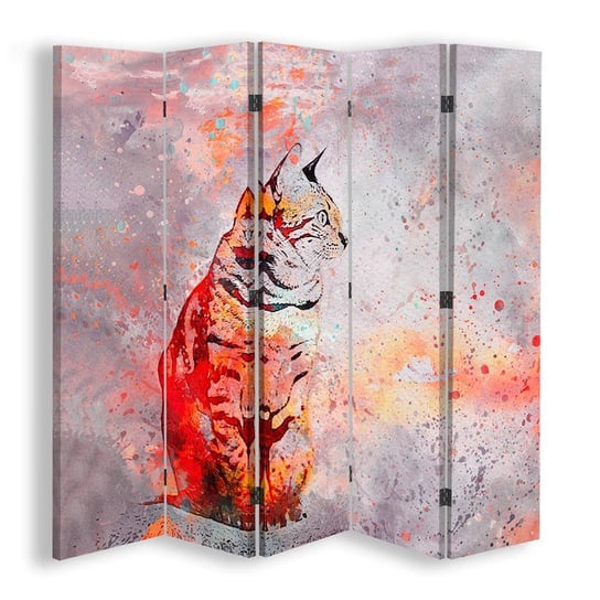 Parawan pokojowy FEEBY, Pomarańczowy kot, Dwustronny 180x170cm 5-częściowy Feeby