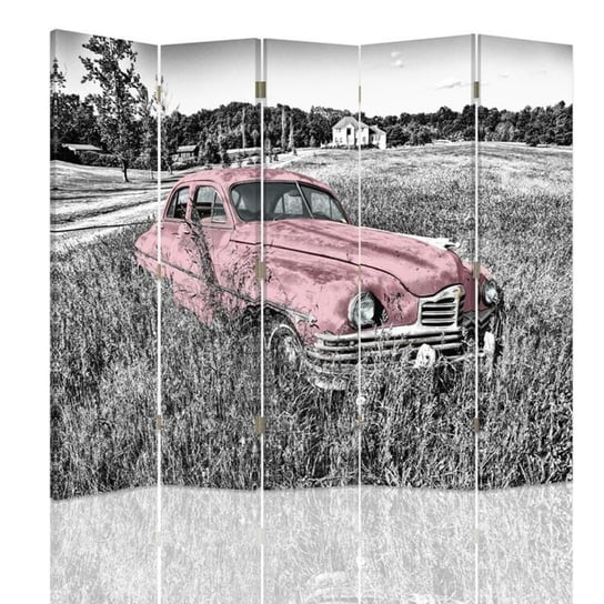Parawan pokojowy FEEBY, Różowe auto w polu retro, Obrotowy 180x170cm 5-częściowy Feeby