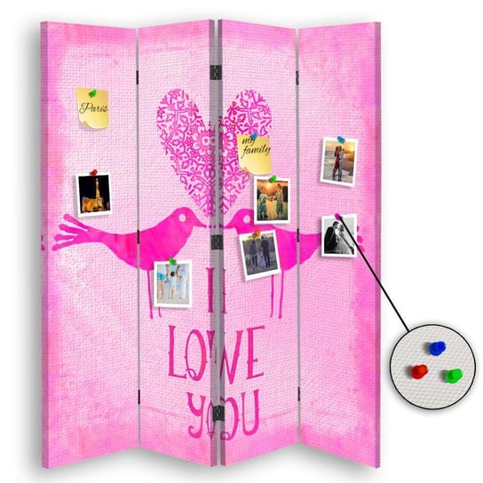 Parawan pokojowy FEEBY, Różowe ”I Love You”, Dwustronny PIN 145x170cm 4-częściowy Feeby