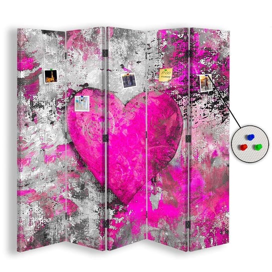Parawan pokojowy FEEBY, Różowe serce, Dwustronny PIN 180x170cm 5-częściowy Feeby