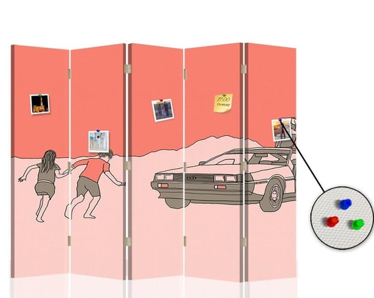 Parawan pokojowy FEEBY, Różowy DeLorean, Dwustronny PIN 180x170cm 5-częściowy Feeby