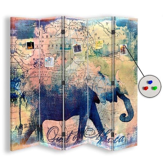 Parawan pokojowy FEEBY, Słoń i mapa Afryki, Dwustronny PIN 180x170cm 5-częściowy Feeby
