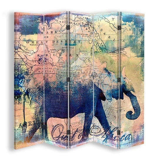 Parawan pokojowy FEEBY, Słoń i mapa Afryki, Obrotowy 180x170cm 5-częściowy Feeby