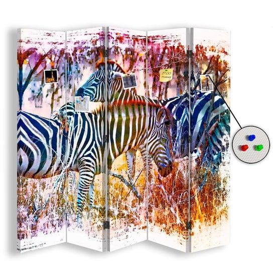 Parawan pokojowy FEEBY, Zebry na kolorowym tle 5, Dwustronny PIN 180x170cm 5-częściowy Feeby