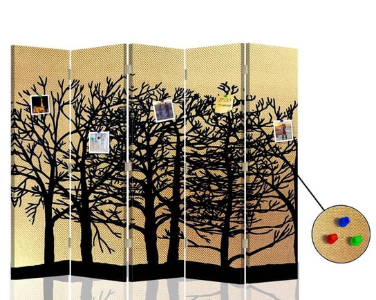 Parawan pokojowy FEEBY, złoty Drzewa, Dwustronny PIN 180x170cm 5-częściowy Feeby