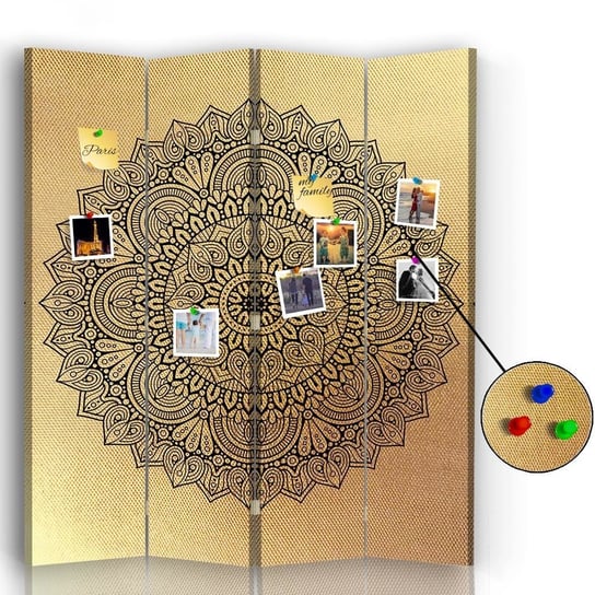 Parawan pokojowy FEEBY, złoty Mandala 1, Dwustronny PIN 145x170cm 4-częściowy Feeby