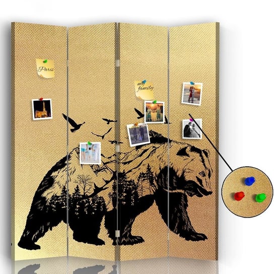 Parawan pokojowy FEEBY, złoty Niedźwiedź, Dwustronny PIN 145x170cm 4-częściowy Feeby