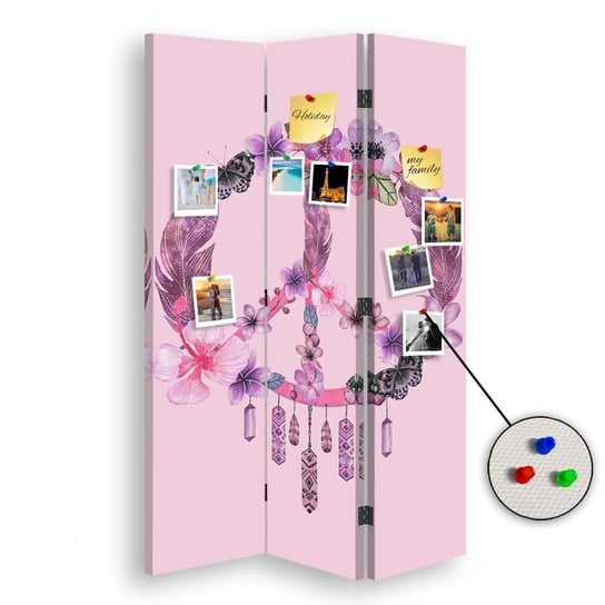 Parawan pokojowy FEEBY, Znak pokoju grafika różowa, Dwustronny PIN 110x170cm 3-częściowy Feeby