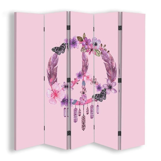 Parawan pokojowy FEEBY, Znak pokoju łapacz snów różowy, Dwustronny 180x170cm 5-częściowy Feeby