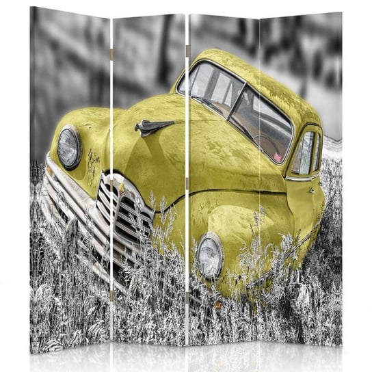 Parawan pokojowy FEEBY, Żółte auto w trawie, Dwustronny 145x170cm 4-częściowy Feeby