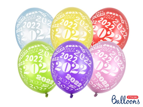 Party Deco, balony Strong Metallic z białym pięciostronnym nadrukiem 2022, mix kolorów, 30 cm, 6 szt. Party Deco