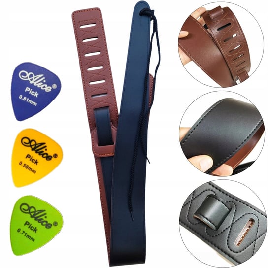 Pasek do gitary DUO dwustronny czarny brązowy skóra wegańska gitara piórka Kazoo Polska
