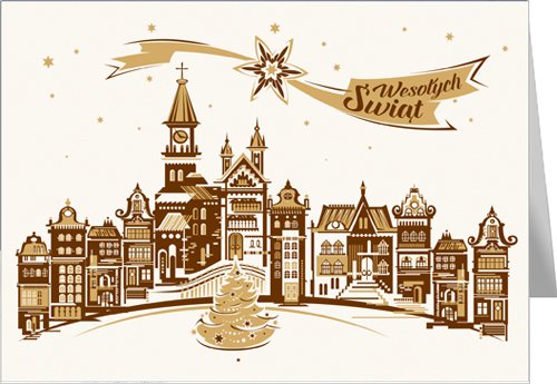 Pejzaż miejski świąteczny, kartka z tekstem T-T 21 Czachorowski