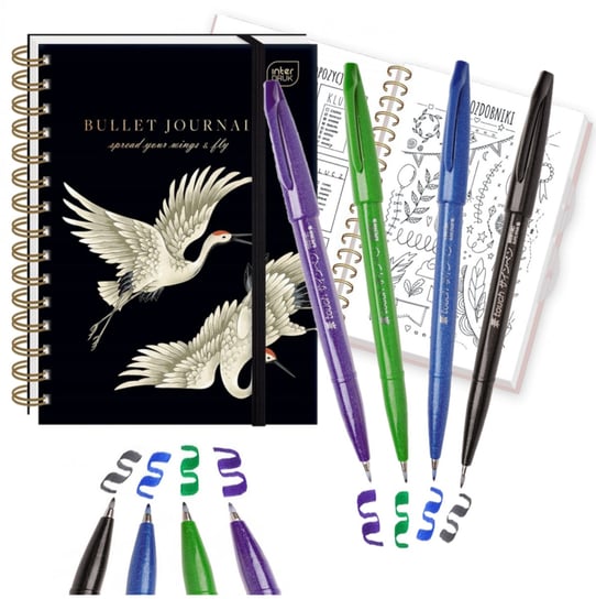 Pentel zestaw pisak pędzelkowy kaligrafia brush sign pen + bullet journal notes A5 birds Pentel