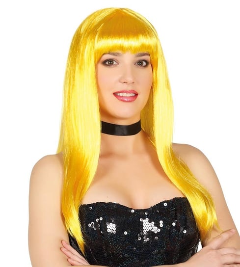 Peruka żółta damska długie włosy z grzywką syntetyczna Guirca