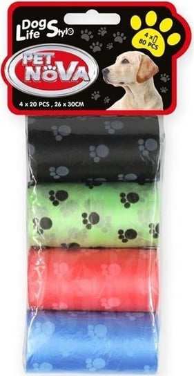 Pet Nova DOG LIFE STYLE Worki na psie nieczystości, 4 rolki x 20szt, różne kolory nadruk łapy PET NOVA