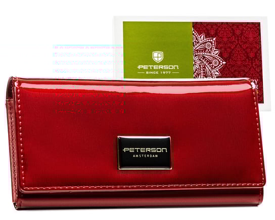 Peterson,  Duży portfel damski skórzany ochrona kart RFID, Czerwony Peterson
