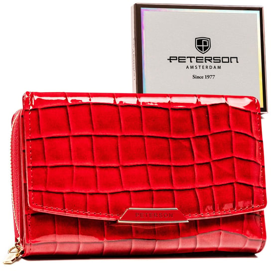 PETERSON portfel damski czerwony z modnym wzorem croco RFID Peterson