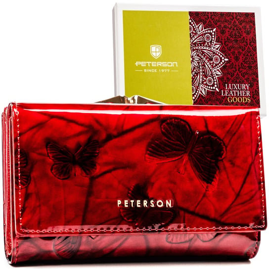 Peterson skórzany portfel damski na bigiel lakierowany wzór motyle Peterson