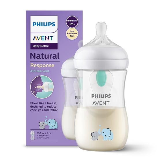 Philips Avent, Responsywna butelka do karmienia Natural z wentylem Air Free 260ml SCY673/81 Słoń Philips Avent