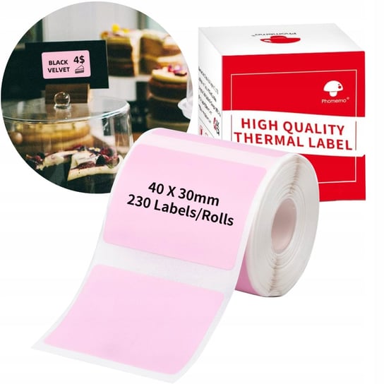 Phomemo naklejki etykiety termiczne 40x30mm 230szt różowe Phomemo