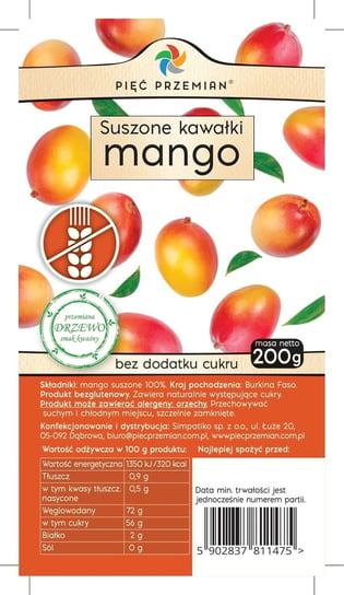 PIĘĆ PRZEMIAN Mango suszone bezglutenowe 200 g PIĘĆ PRZEMIAN