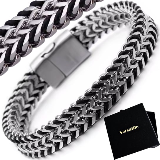 Piękna bransoletka męska, stal, skóra, 21,5cm NAJWYŻSZA JAKOŚĆ VERSATILE PREMIUM Versatile