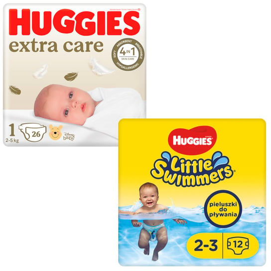 Pieluszki HUGGIES Extra Care Newborn rozmiar 1 (2-5kg) 26 szt + Little Swimmers 2-3 (3-8 kg) 12 szt Huggies