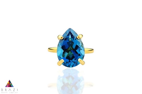Pierścionek Topaz London Blue 6 ct. Kropla złoto 585 [Rozmiar: L (19 - 23)] Brazi Druse Jewelry