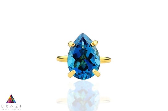 Pierścionek Topaz London Blue 6 ct. Kropla złoto 585 [Rozmiar: M (15 - 18)] Brazi Druse Jewelry