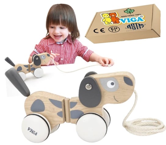 PIESEK NA SZNURKU do ciągnięcia Drewniana Zabawka dla niemowląt 2 3 latka VIGA 18m+ PakaNiemowlaka
