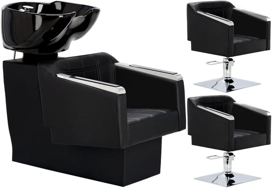 Pikos Zestaw czarny myjnia fryzjerska i 2 x fotel fryzjerski hydrauliczny obrotowy do salonu fryzjerskiego myjka ruchoma misa ceramiczna armatura bateria słuchawka ENZO