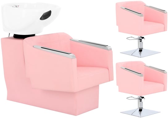 Pikos Zestaw różowy myjnia fryzjerska i 2 x fotel fryzjerski hydrauliczny obrotowy do salonu fryzjerskiego myjka ruchoma misa ceramiczna armatura bateria słuchawka ENZO