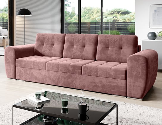 Pikowana kanapa z funkcją spania Bari różowa z pojemnikiem na pościel. Moderno Meble