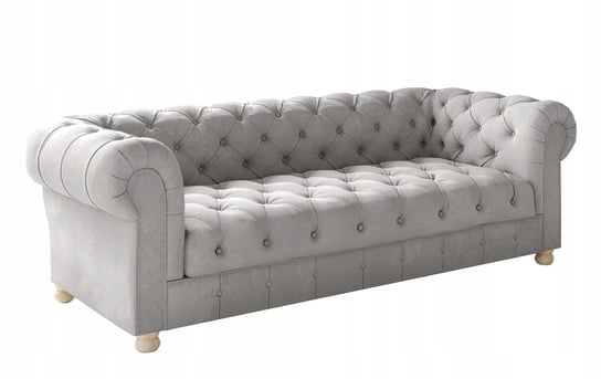 Pikowana Sofa Trzyosobowa Chesterfield Tkanina Whisper Srebrny Komfortowe Meble