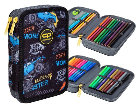 Piórnik z wyposażeniem dwukomorowy dla chłopca, Jumper 2 Monster CoolPack, samochody CoolPack