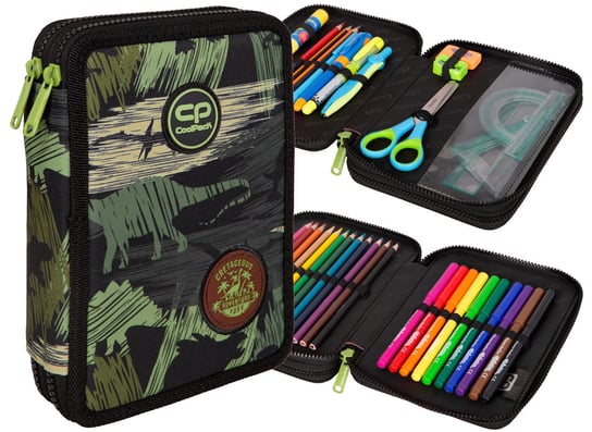 Piórnik z wyposażeniem dwukomorowy dla chłopca, Jumper XL Adventure Park CoolPack, dinozaury, zielony CoolPack