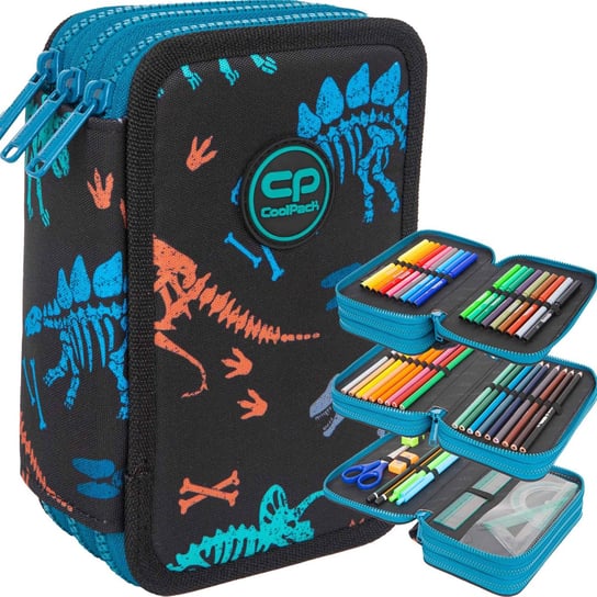 Piórnik z wyposażeniem trzykomorowy dla dzieci, CoolPack, dinozaury, czarny CoolPack
