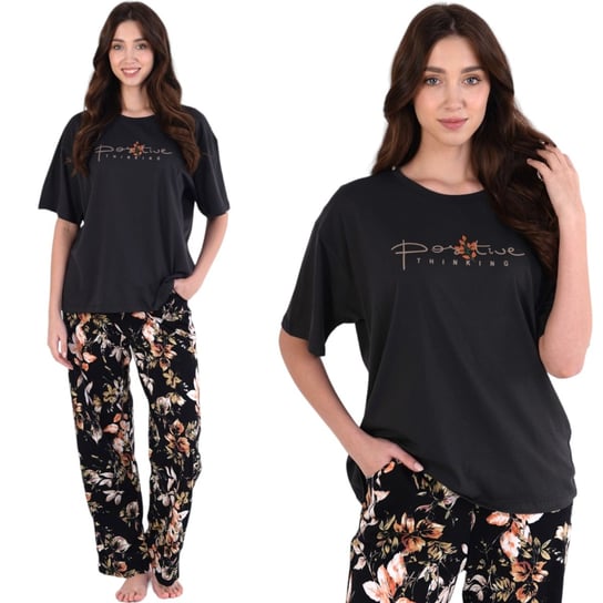 Piżama damska bawełniana koszulka i długie spodnie czarna w kwiaty L Inna marka