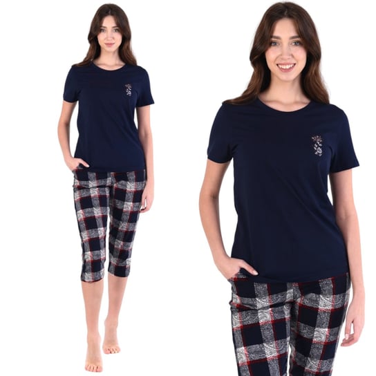 Piżama damska bawełniana koszulka i spodnie za kolano granatowa w kratę 2XL Inna marka