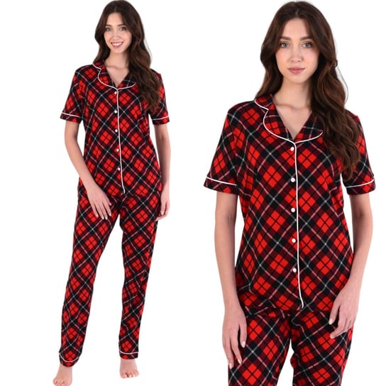 Piżama damska koszula na guziki i długie spodnie czarno-czerwona w romby 2XL Inna marka