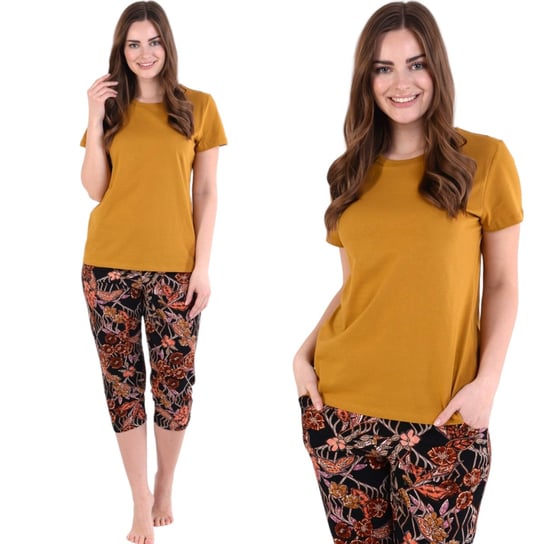Piżama damska koszulka i spodnie za kolano pomarańczowo-brązowa w listki 3XL Inna marka