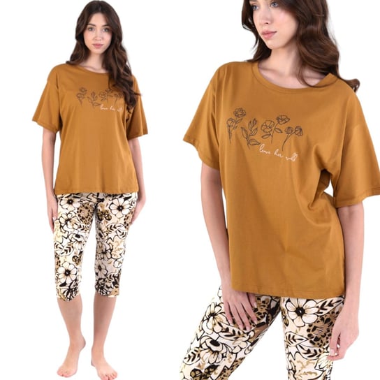 Piżama damska koszulka i spodnie za kolano pomarańczowo-kremowa w kwiatki 3XL Inna marka