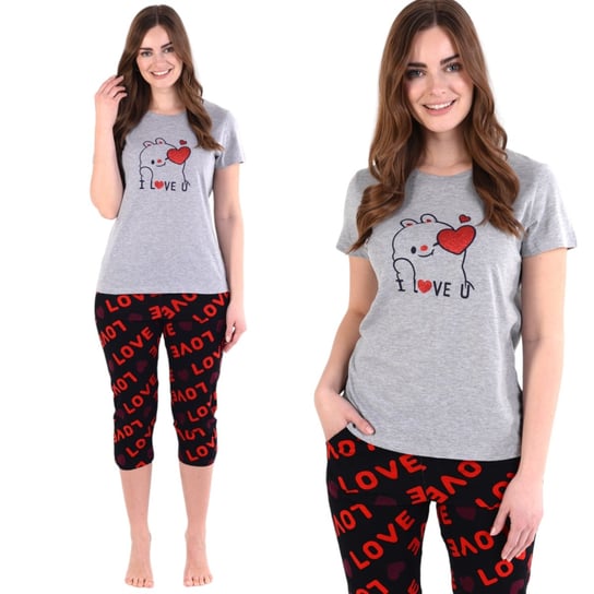 Piżama damska koszulka i spodnie za kolano szaro-czarno-czerwona LOVE L Inna marka