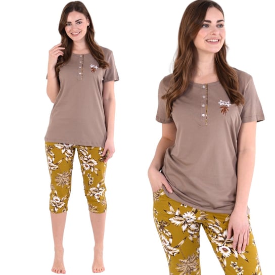 Piżama damska koszulka na guziki i spodnie za kolano brązowa w kwiaty 3XL Inna marka