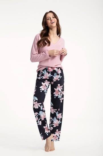 Piżama Damska Luna Kod 614 Pudrowy Róż / Granatowe Spodnie W Kwiaty Magnolii  M Luna
