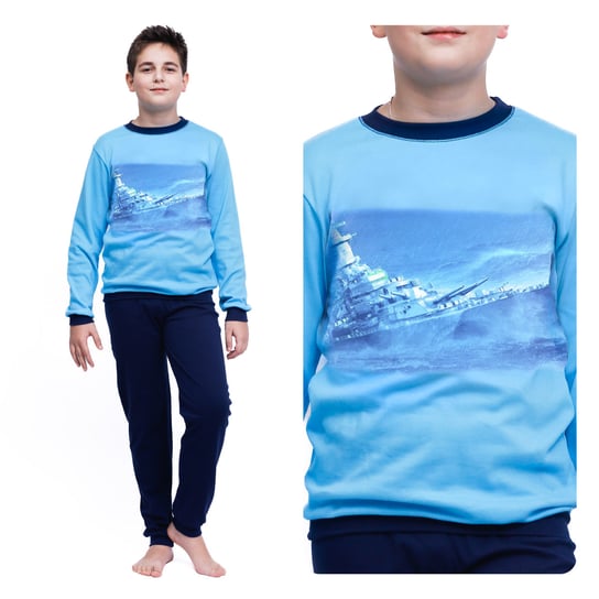 Piżama dziecięca dla chłopca długi rękaw niebieska ciepła na zimę z okrętem 134 Inna marka