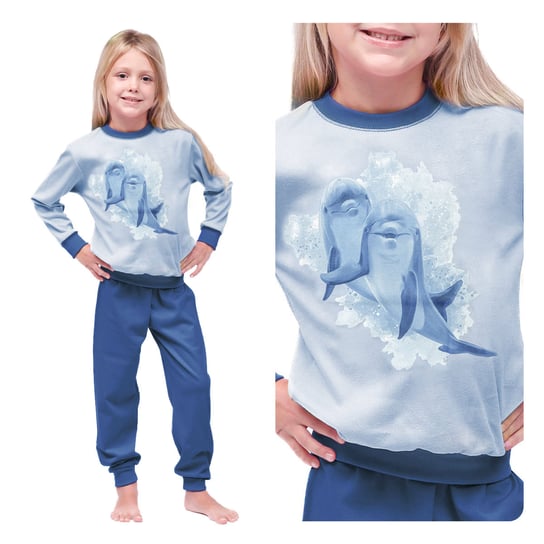 Piżama Dziewczęca Dziecięca Na Długi Rękaw Ciepła Bawełna Niebieska Z Delfinami 140 Inna marka
